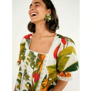 FARM RIO Cocoa Forest Vibrant Puff Sleeve Tropical Forest Crochet Detail…